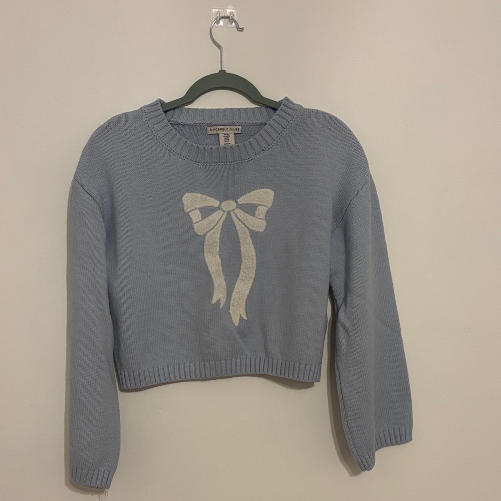 Sincerely Jules Light Blue Cropped Crewneck Sweater with White Bow